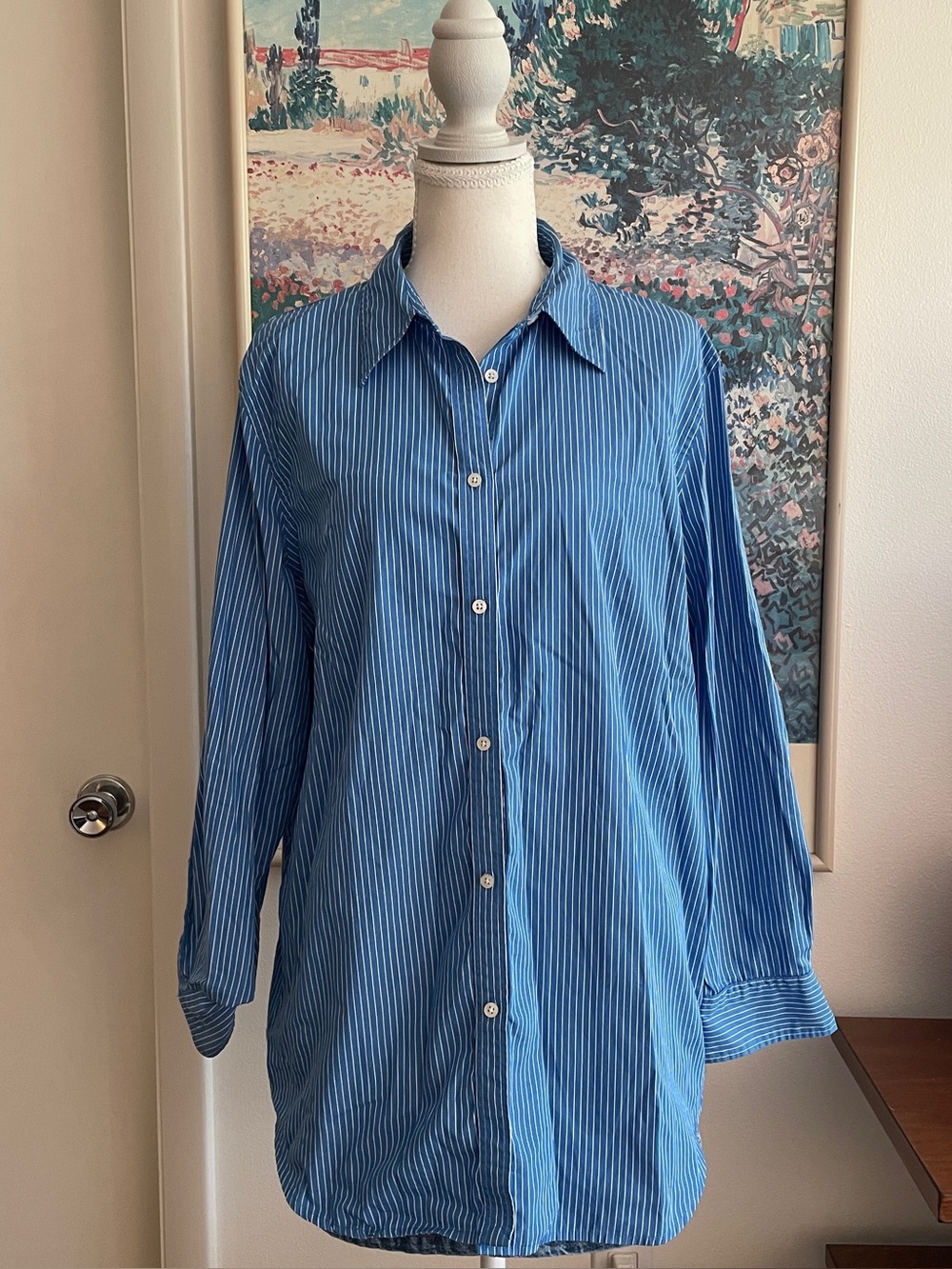 Lauren Ralph Lauren Blue Pinstripe Button-Up Shirt XL Cotton Preppy Work Coastal